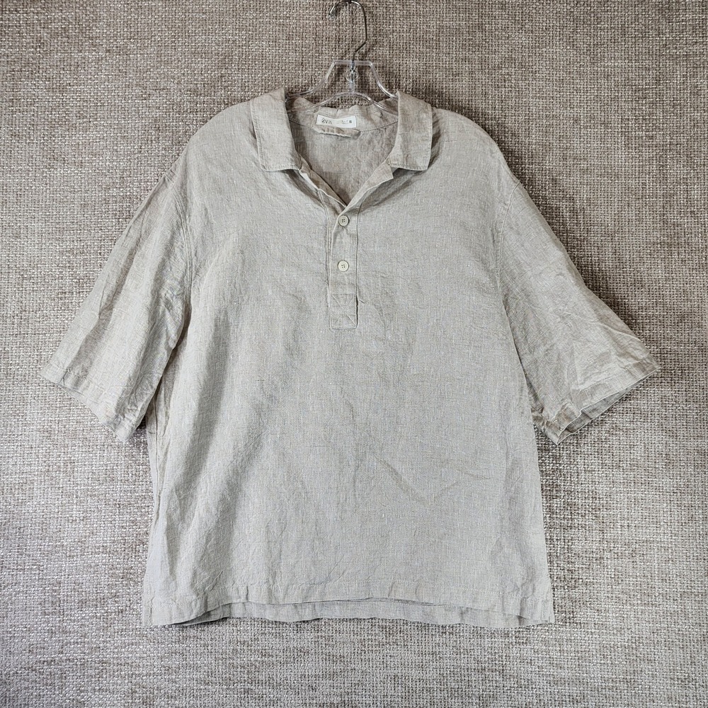 Zara 1/2 Button Linen Shirt Mens XL Natural Beige Short Sleeve Casual Travel